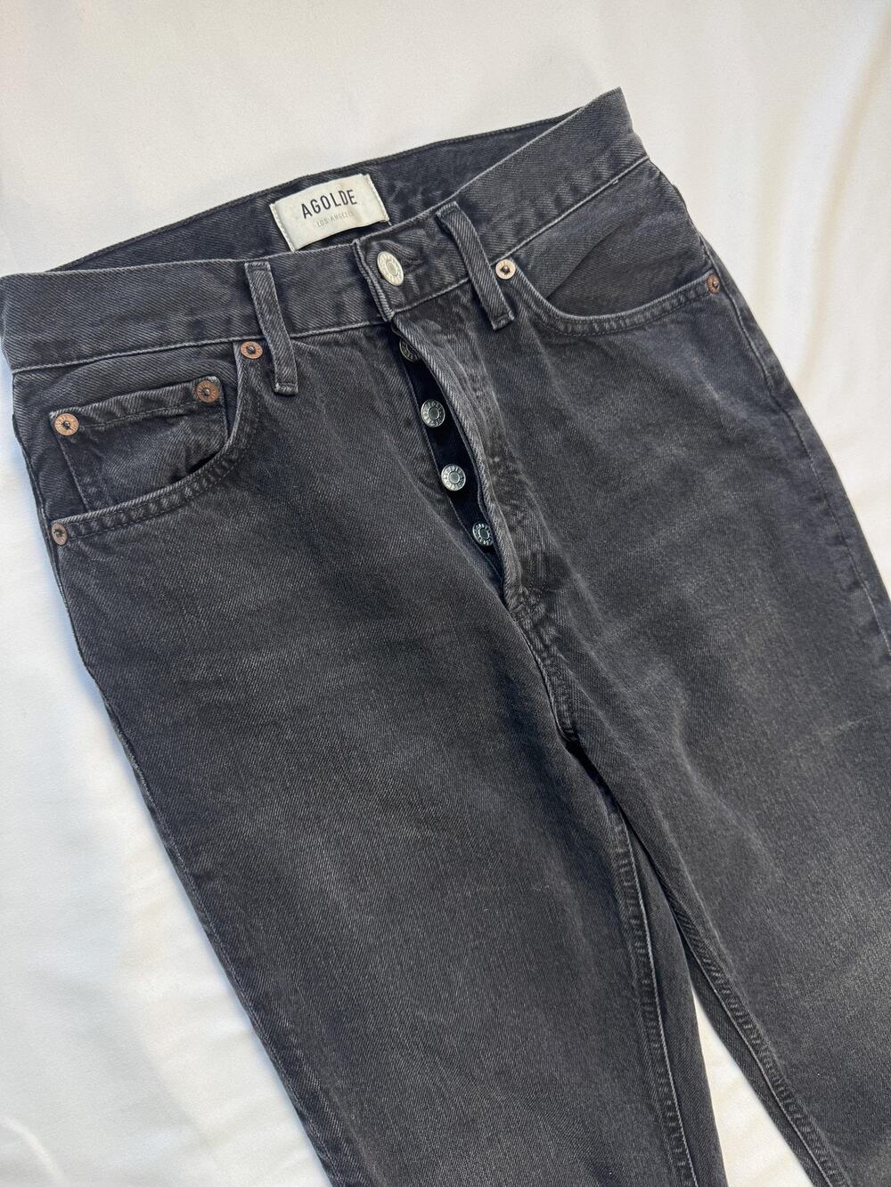 AGOLDE Lana Jeans Black Charcoal Straight Leg Button Fly Denim 23